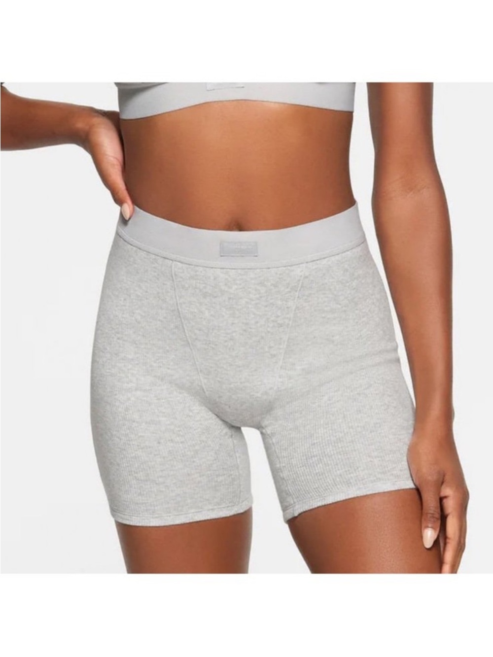 SKIMS Light Gray Ribbed High-Rise Bike Shorts